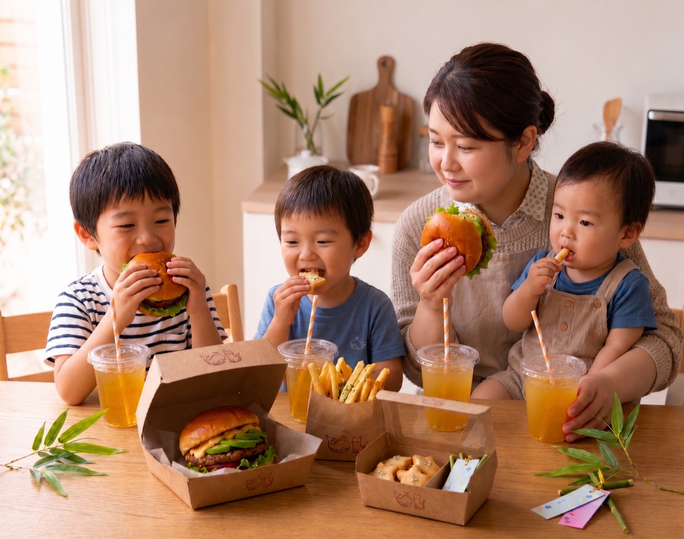 親子でハンバーガーを楽しむ様子
